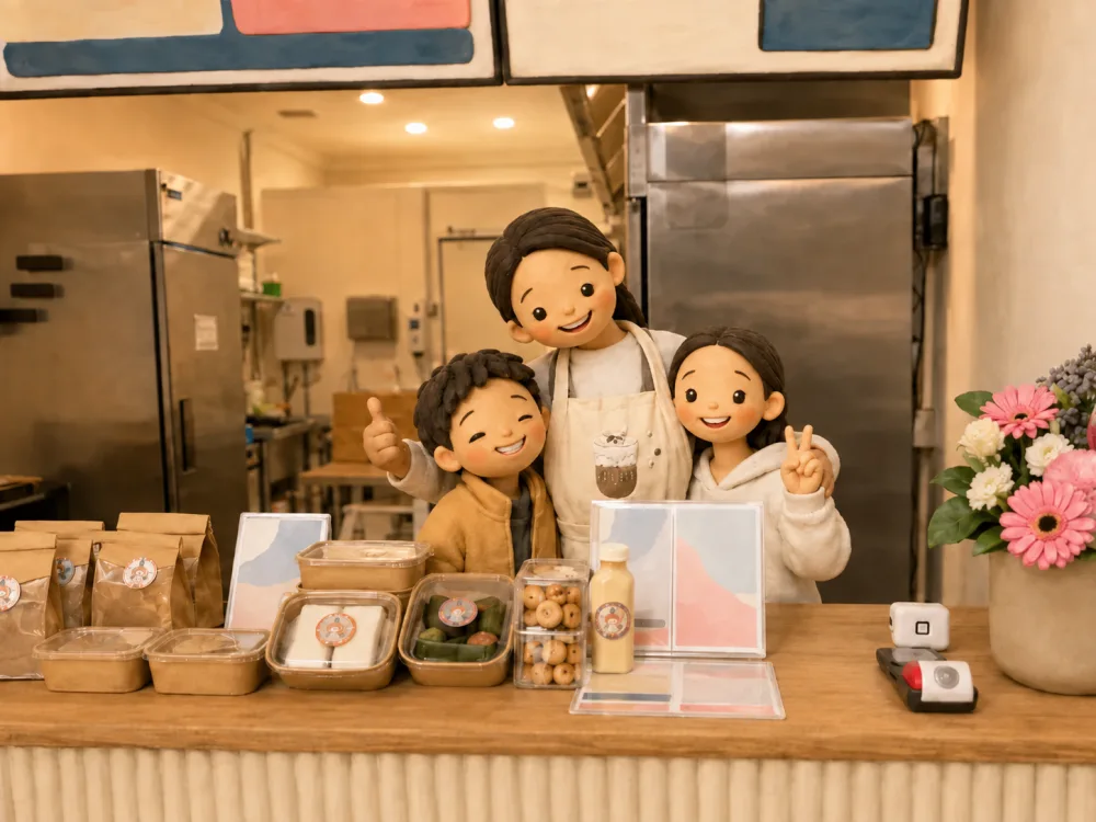 Mama and her two children as clay cartoon characters, with individual smiles inspired by the family photo, behind the kitchen counter.